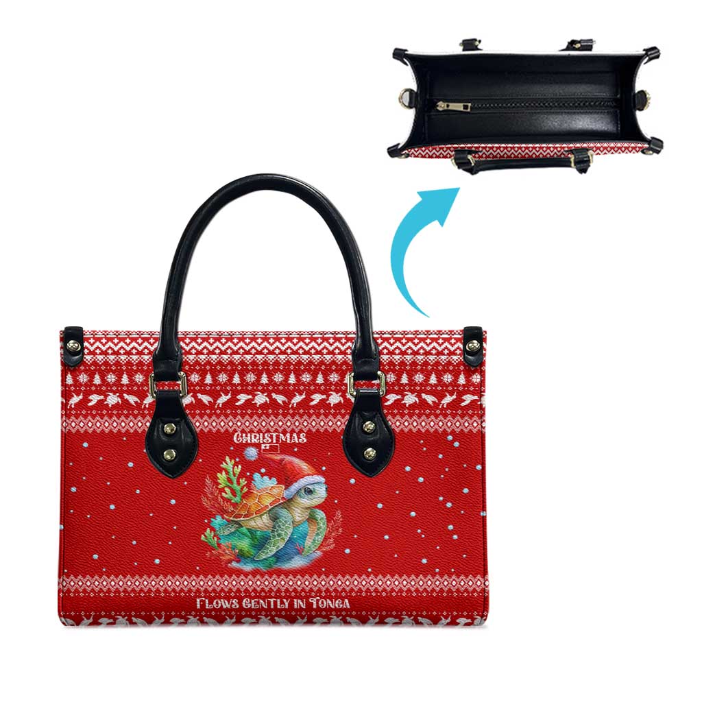 Tonga Christmas Leather Bag with Sea Turtle Coral Reef Design Snowflake Pattern and National Emblem - Polynesian Pride