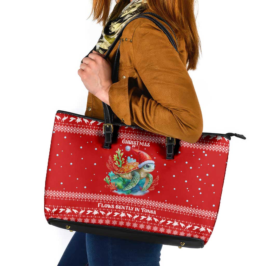 Tonga Christmas Leather Tote Bag with Sea Turtle Coral Reef Design Snowflake Pattern and National Emblem - Polynesian Pride
