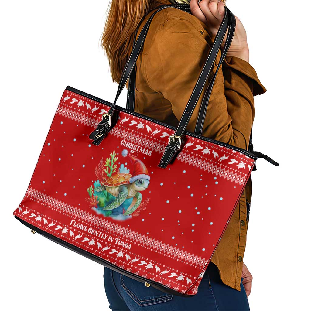 Tonga Christmas Leather Tote Bag with Sea Turtle Coral Reef Design Snowflake Pattern and National Emblem - Polynesian Pride
