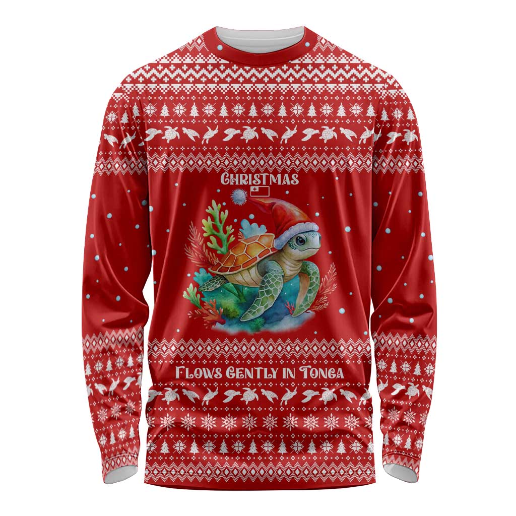 Tonga Christmas Long Sleeve Shirt with Sea Turtle Coral Reef Design Snowflake Pattern and National Emblem - Polynesian Pride