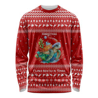 Tonga Christmas Long Sleeve Shirt with Sea Turtle Coral Reef Design Snowflake Pattern and National Emblem - Polynesian Pride
