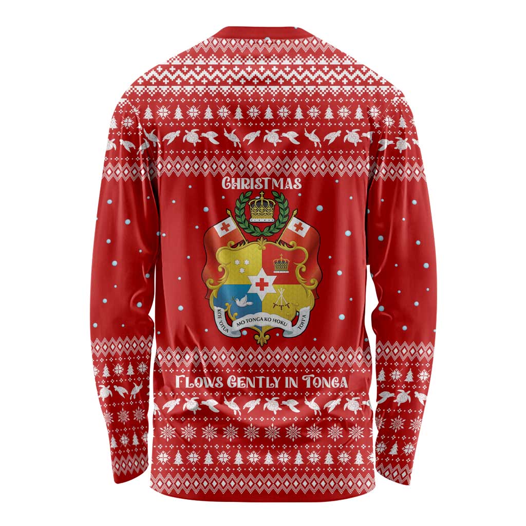 Tonga Christmas Long Sleeve Shirt with Sea Turtle Coral Reef Design Snowflake Pattern and National Emblem - Polynesian Pride