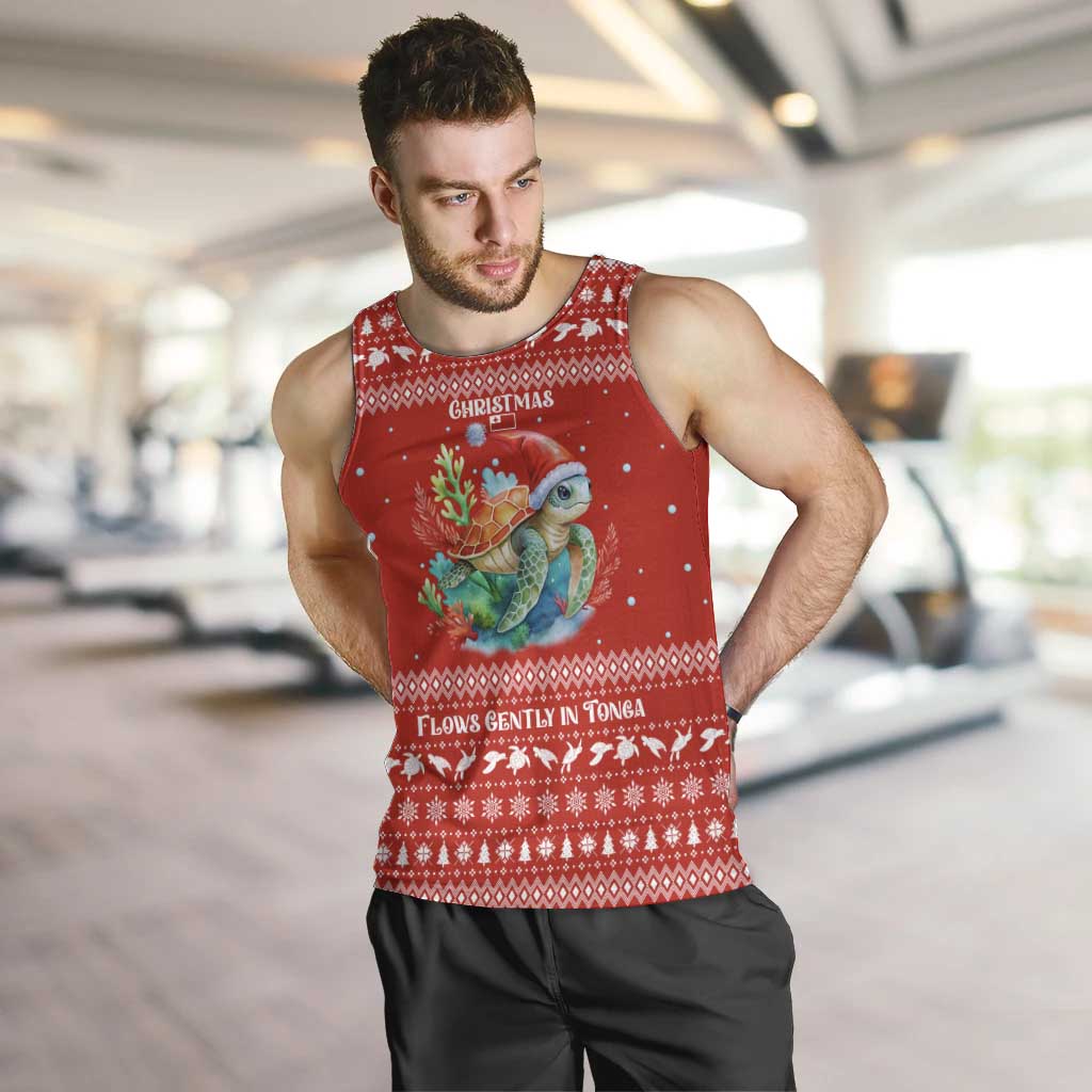 Tonga Christmas Men Tank Top with Sea Turtle Coral Reef Design Snowflake Pattern and National Emblem - Polynesian Pride