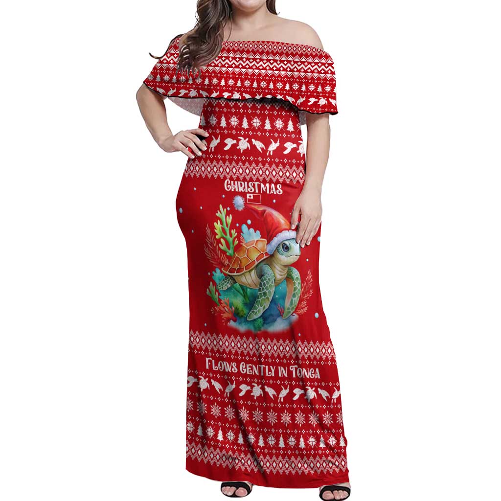 Tonga Christmas Off Shoulder Maxi Dress with Sea Turtle Coral Reef Design Snowflake Pattern and National Emblem - Polynesian Pride
