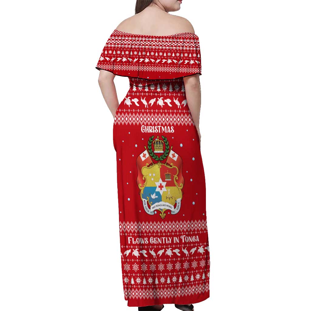 Tonga Christmas Off Shoulder Maxi Dress with Sea Turtle Coral Reef Design Snowflake Pattern and National Emblem - Polynesian Pride