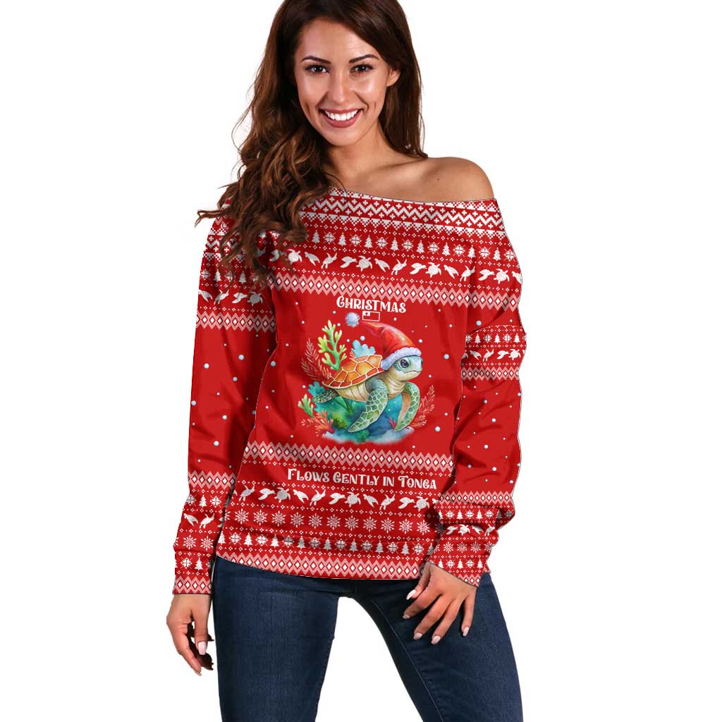 Tonga Christmas Off Shoulder Sweater with Sea Turtle Coral Reef Design Snowflake Pattern and National Emblem - Polynesian Pride