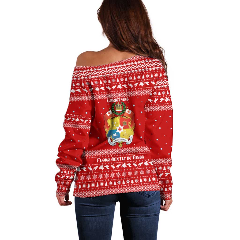 Tonga Christmas Off Shoulder Sweater with Sea Turtle Coral Reef Design Snowflake Pattern and National Emblem - Polynesian Pride