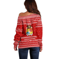 Tonga Christmas Off Shoulder Sweater with Sea Turtle Coral Reef Design Snowflake Pattern and National Emblem - Polynesian Pride
