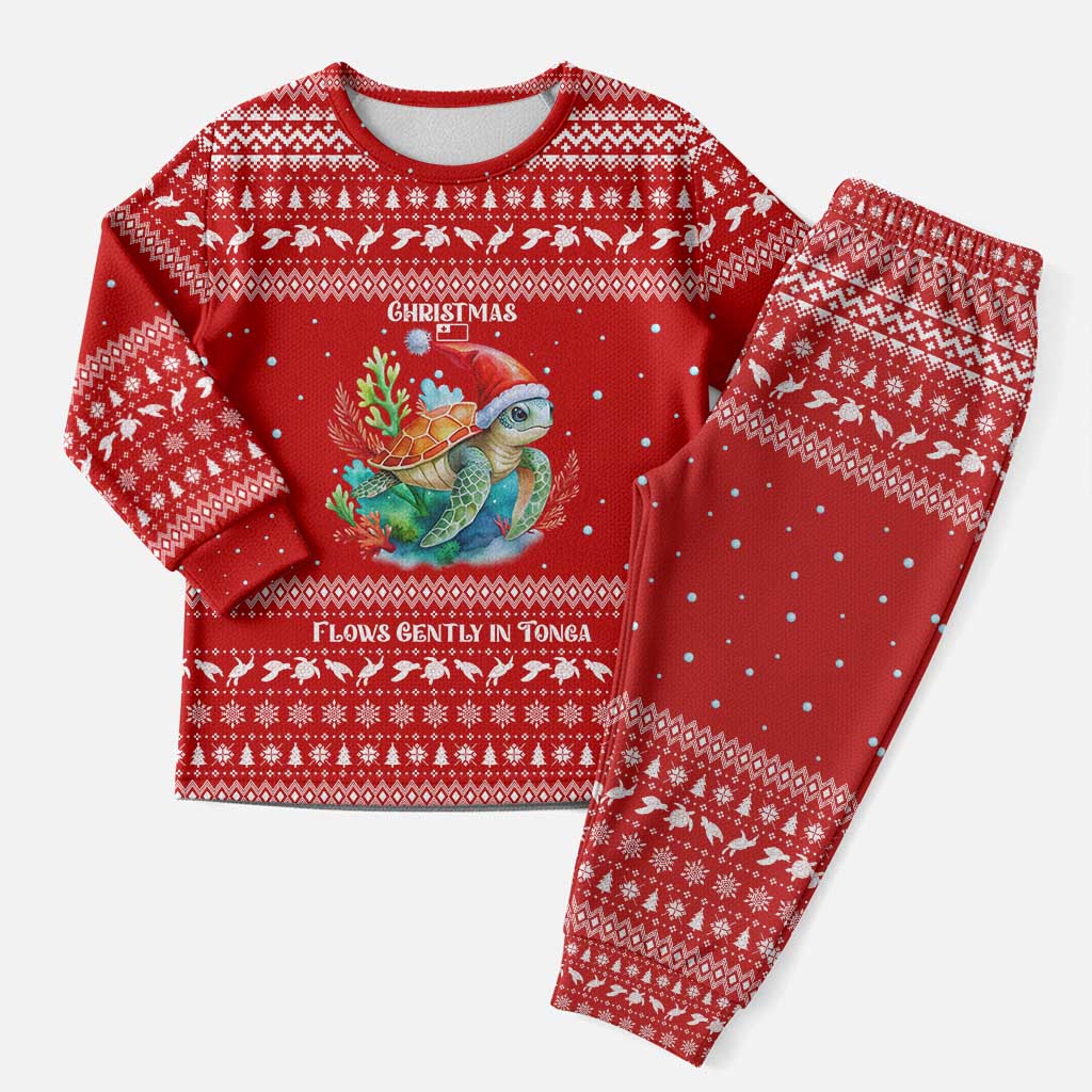 Tonga Christmas Pajama Set with Sea Turtle Coral Reef Design Snowflake Pattern and National Emblem - Polynesian Pride