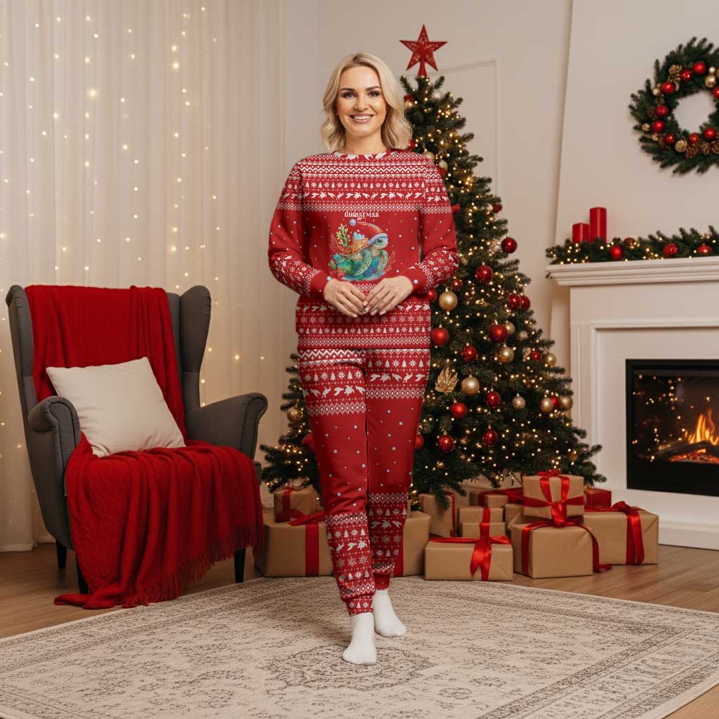 Tonga Christmas Pajama Set with Sea Turtle Coral Reef Design Snowflake Pattern and National Emblem - Polynesian Pride
