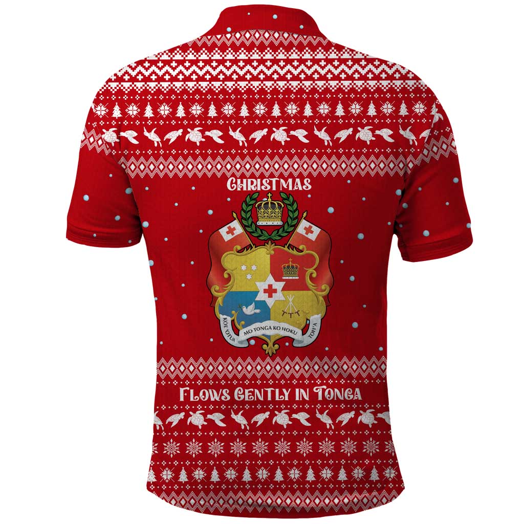 Tonga Christmas Polo Shirt with Sea Turtle Coral Reef Design Snowflake Pattern and National Emblem - Polynesian Pride
