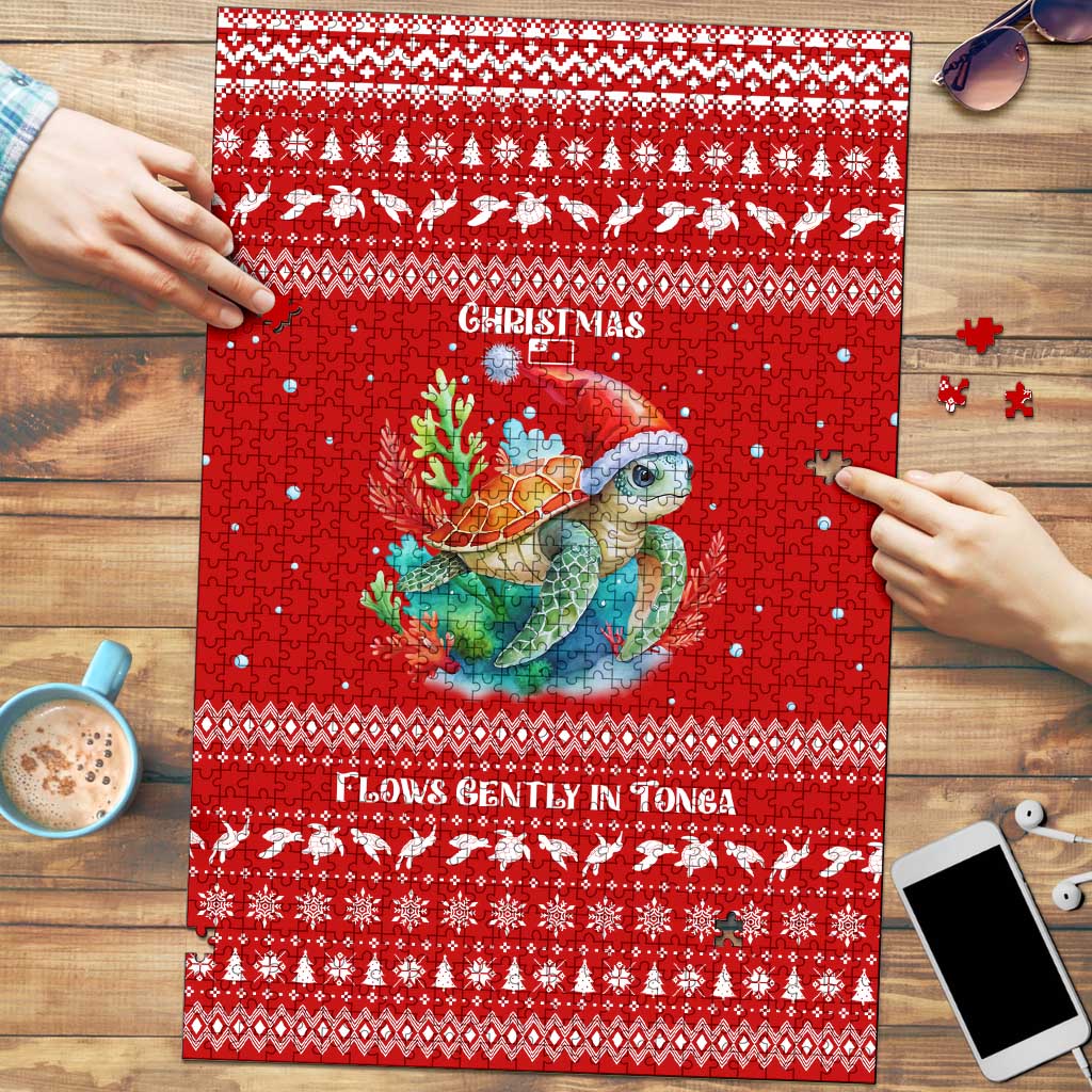 Tonga Christmas Puzzle with Sea Turtle Coral Reef Design Snowflake Pattern and National Emblem - Polynesian Pride