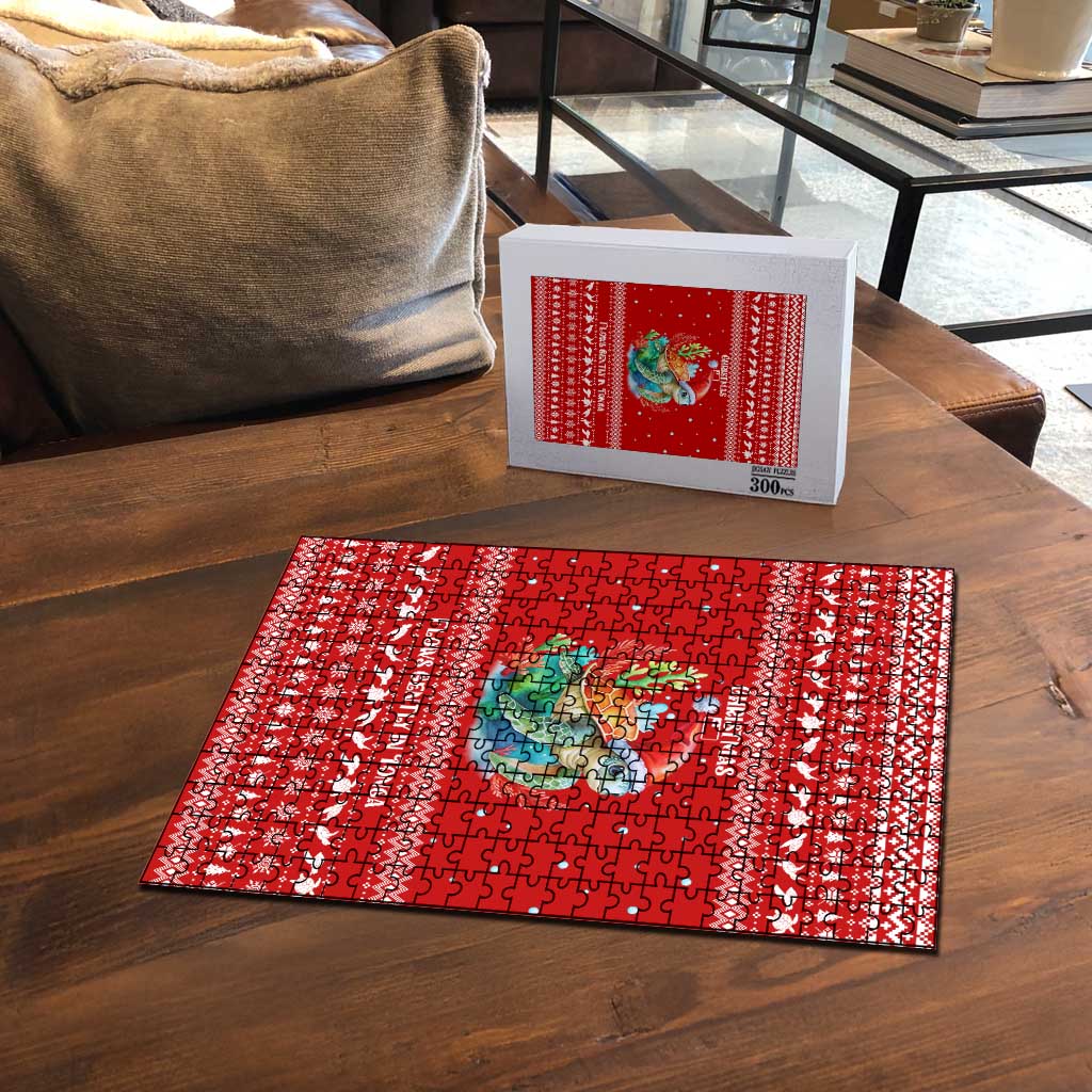 Tonga Christmas Puzzle with Sea Turtle Coral Reef Design Snowflake Pattern and National Emblem - Polynesian Pride