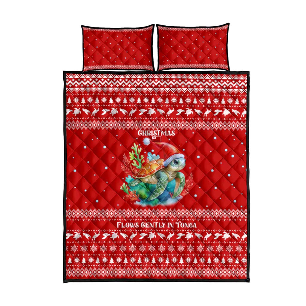 Tonga Christmas Quilt Bed Set with Sea Turtle Coral Reef Design Snowflake Pattern and National Emblem - Polynesian Pride