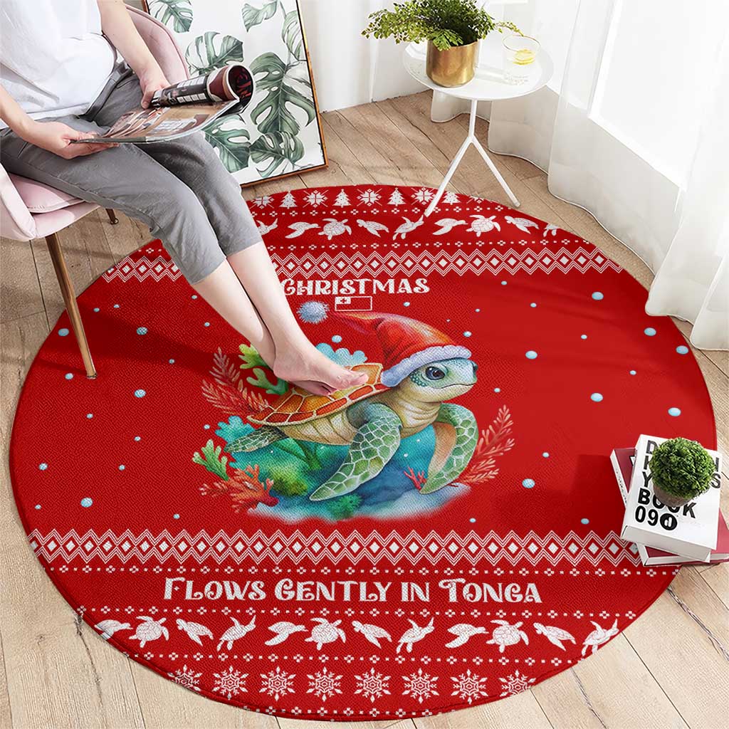 Tonga Christmas Round Carpet with Sea Turtle Coral Reef Design Snowflake Pattern and National Emblem - Polynesian Pride