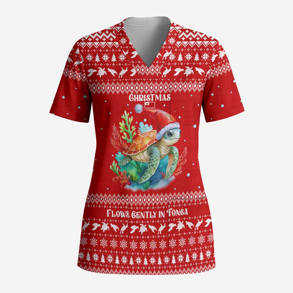 Tonga Christmas Scrub Top with Sea Turtle Coral Reef Design Snowflake Pattern and National Emblem - Polynesian Pride