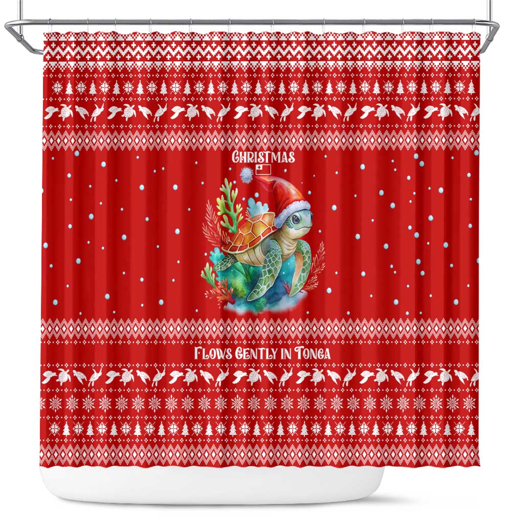 Tonga Christmas Shower Curtain with Sea Turtle Coral Reef Design Snowflake Pattern and National Emblem - Polynesian Pride