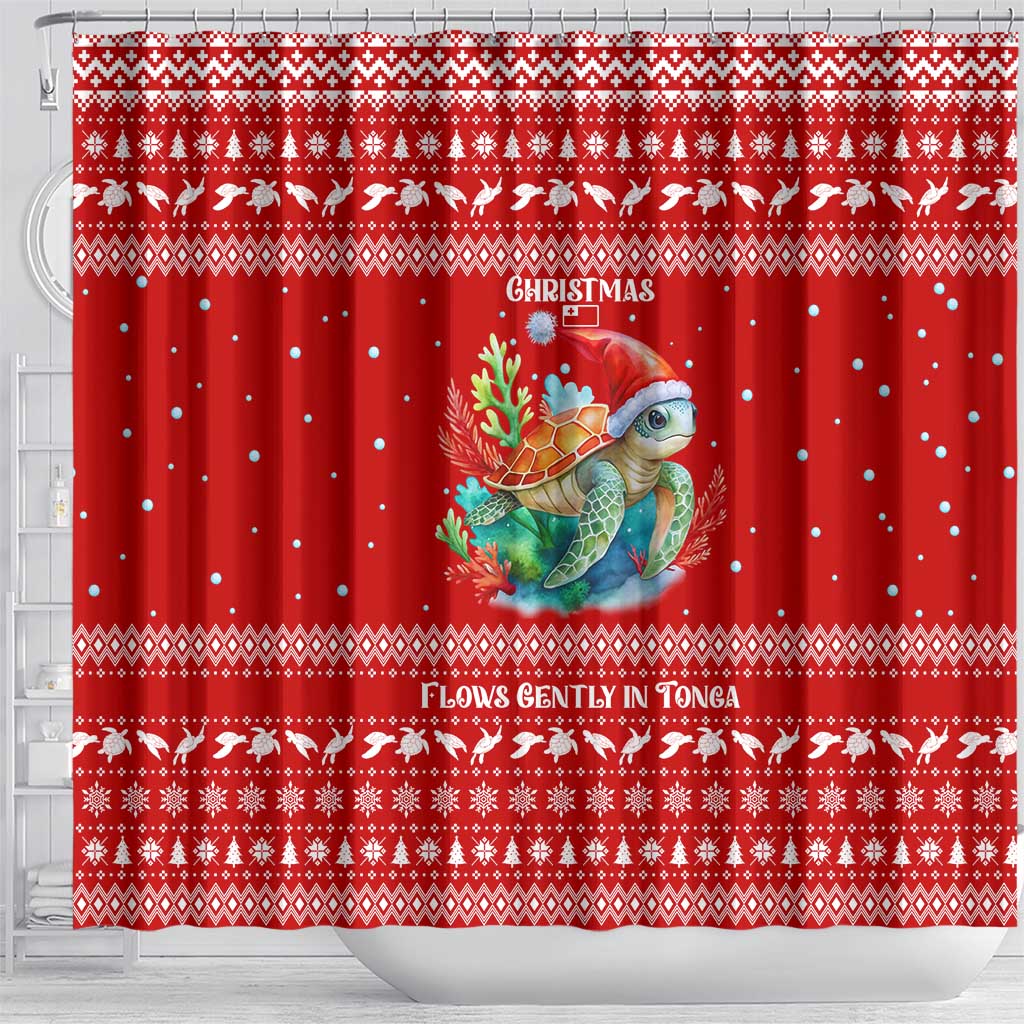 Tonga Christmas Shower Curtain with Sea Turtle Coral Reef Design Snowflake Pattern and National Emblem - Polynesian Pride