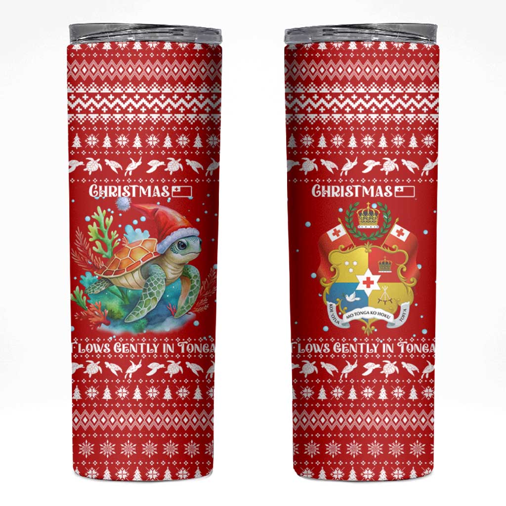 Tonga Christmas Skinny Tumbler with Sea Turtle Coral Reef Design Snowflake Pattern and National Emblem - Polynesian Pride