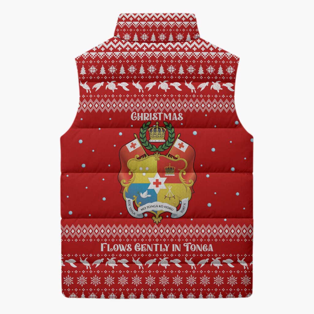 Tonga Christmas Sleeveless Puffer Jacket with Sea Turtle Coral Reef Design Snowflake Pattern and National Emblem - Polynesian Pride