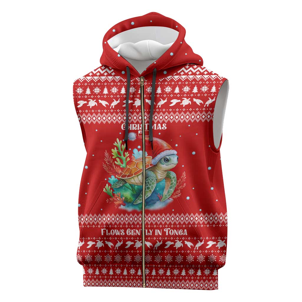 Tonga Christmas Sleeveless Zip Hoodie with Sea Turtle Coral Reef Design Snowflake Pattern and National Emblem - Polynesian Pride