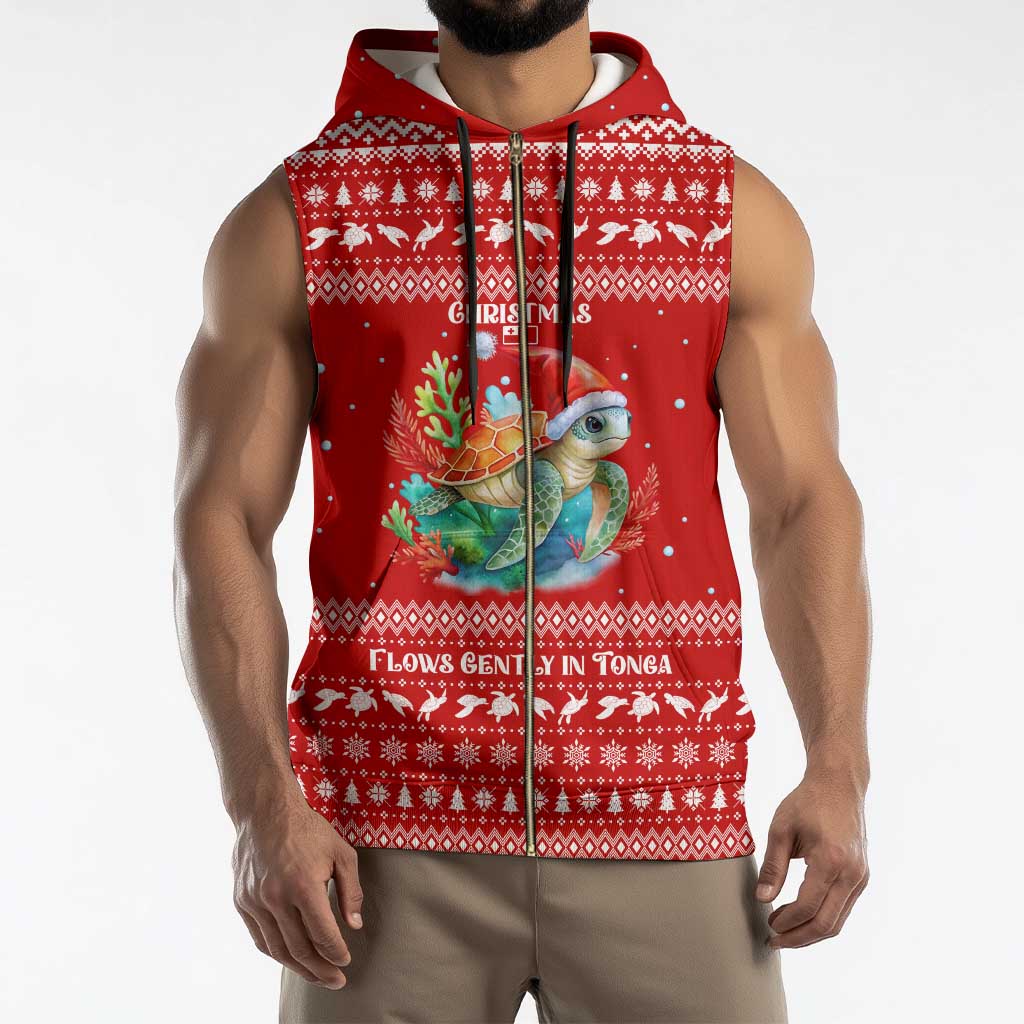 Tonga Christmas Sleeveless Zip Hoodie with Sea Turtle Coral Reef Design Snowflake Pattern and National Emblem - Polynesian Pride