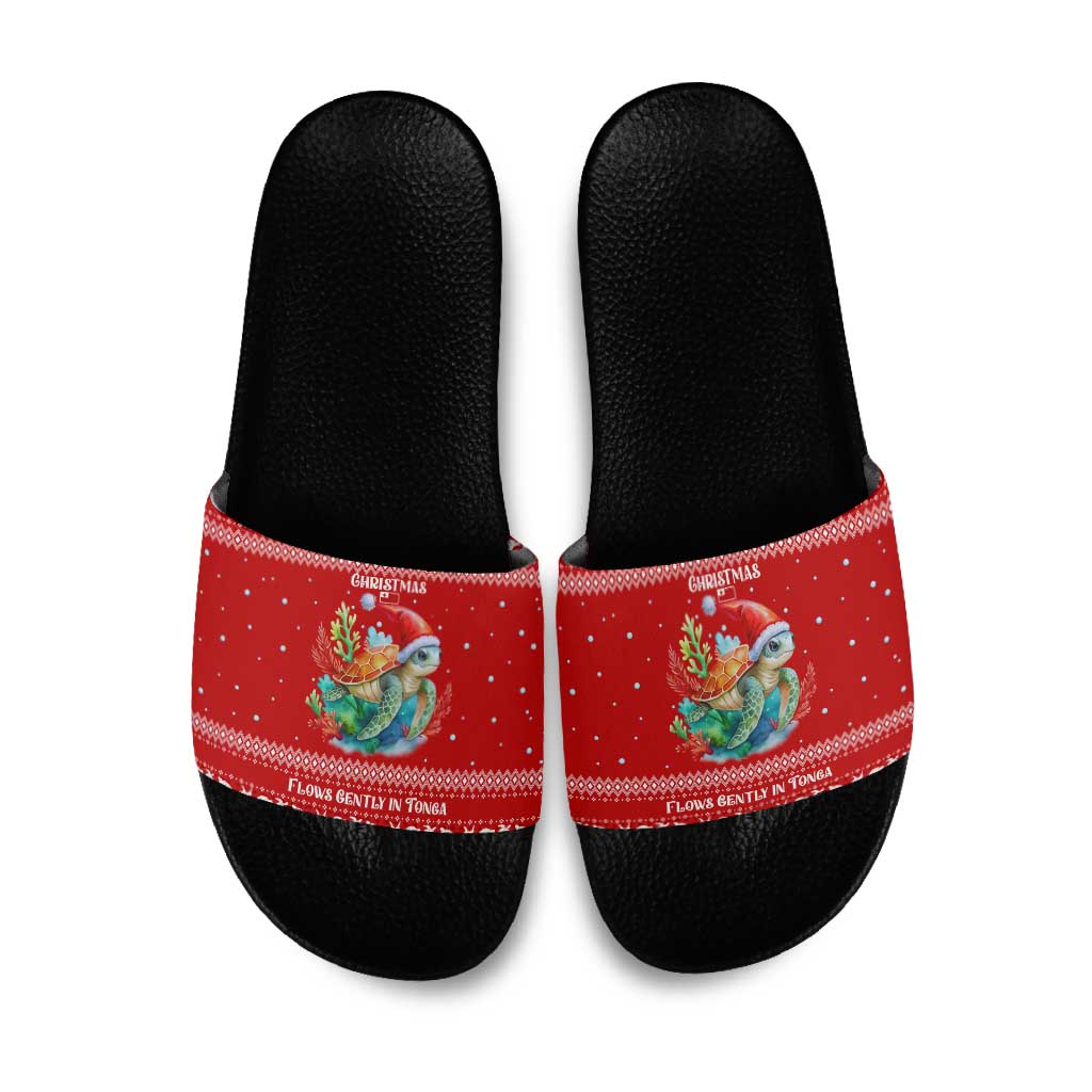 Tonga Christmas Slide Sandals with Sea Turtle Coral Reef Design Snowflake Pattern and National Emblem - Polynesian Pride