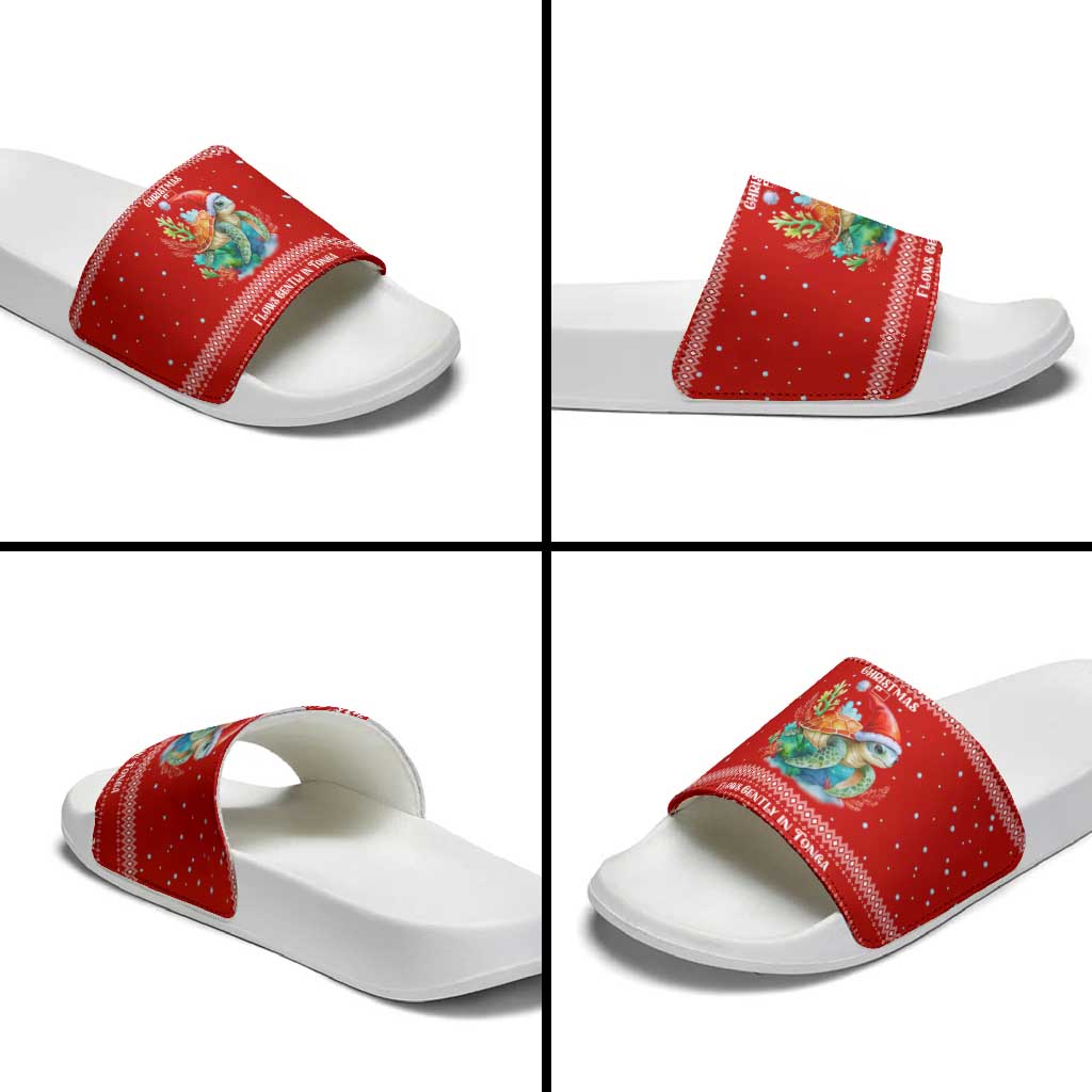 Tonga Christmas Slide Sandals with Sea Turtle Coral Reef Design Snowflake Pattern and National Emblem - Polynesian Pride