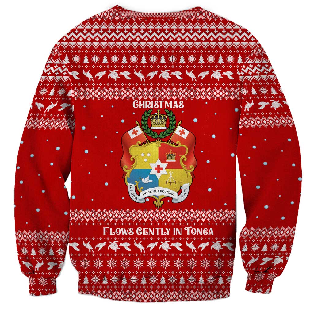 Tonga Christmas Sweatshirt with Sea Turtle Coral Reef Design Snowflake Pattern and National Emblem - Polynesian Pride