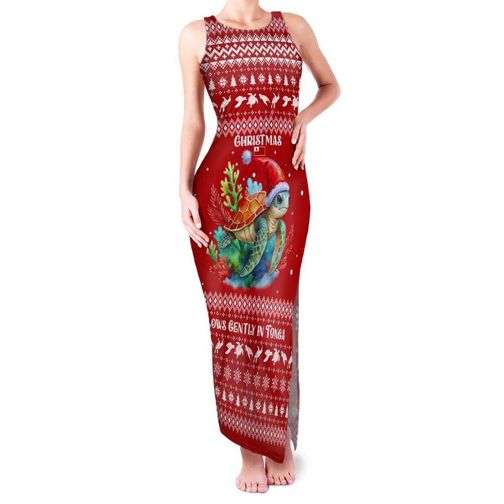 Tonga Christmas Tank Maxi Dress with Sea Turtle Coral Reef Design Snowflake Pattern and National Emblem - Polynesian Pride