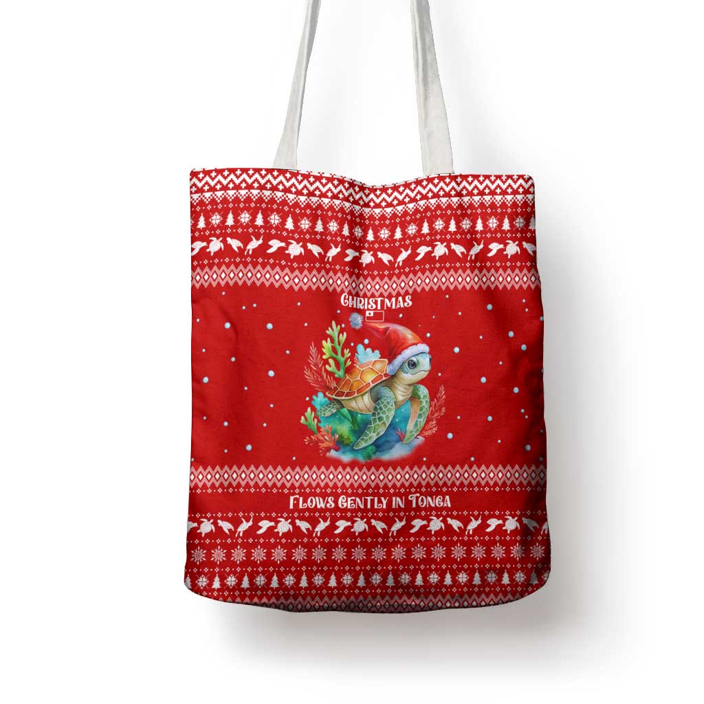 Tonga Christmas Tote Bag with Sea Turtle Coral Reef Design Snowflake Pattern and National Emblem - Polynesian Pride