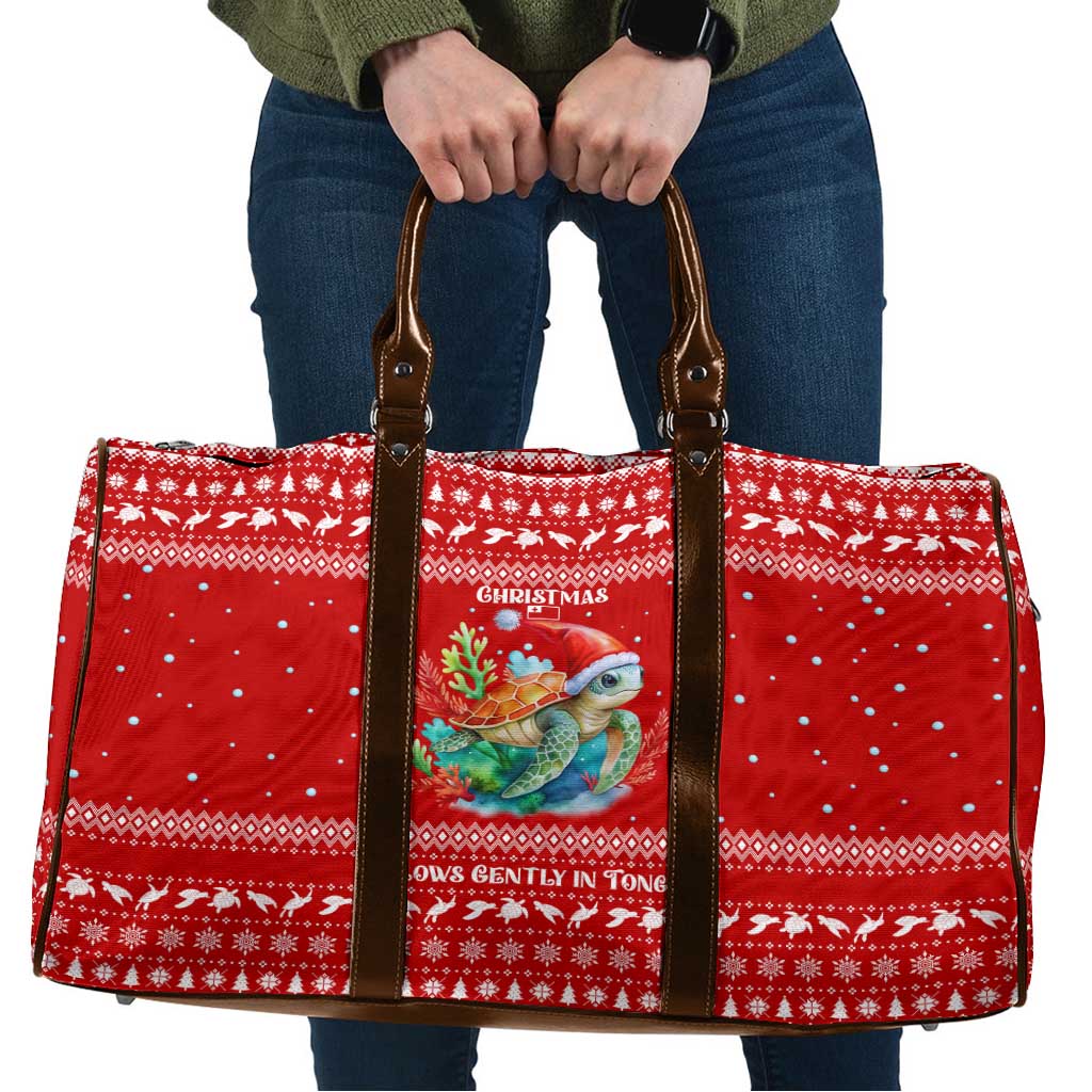 Tonga Christmas Travel Bag with Sea Turtle Coral Reef Design Snowflake Pattern and National Emblem - Polynesian Pride