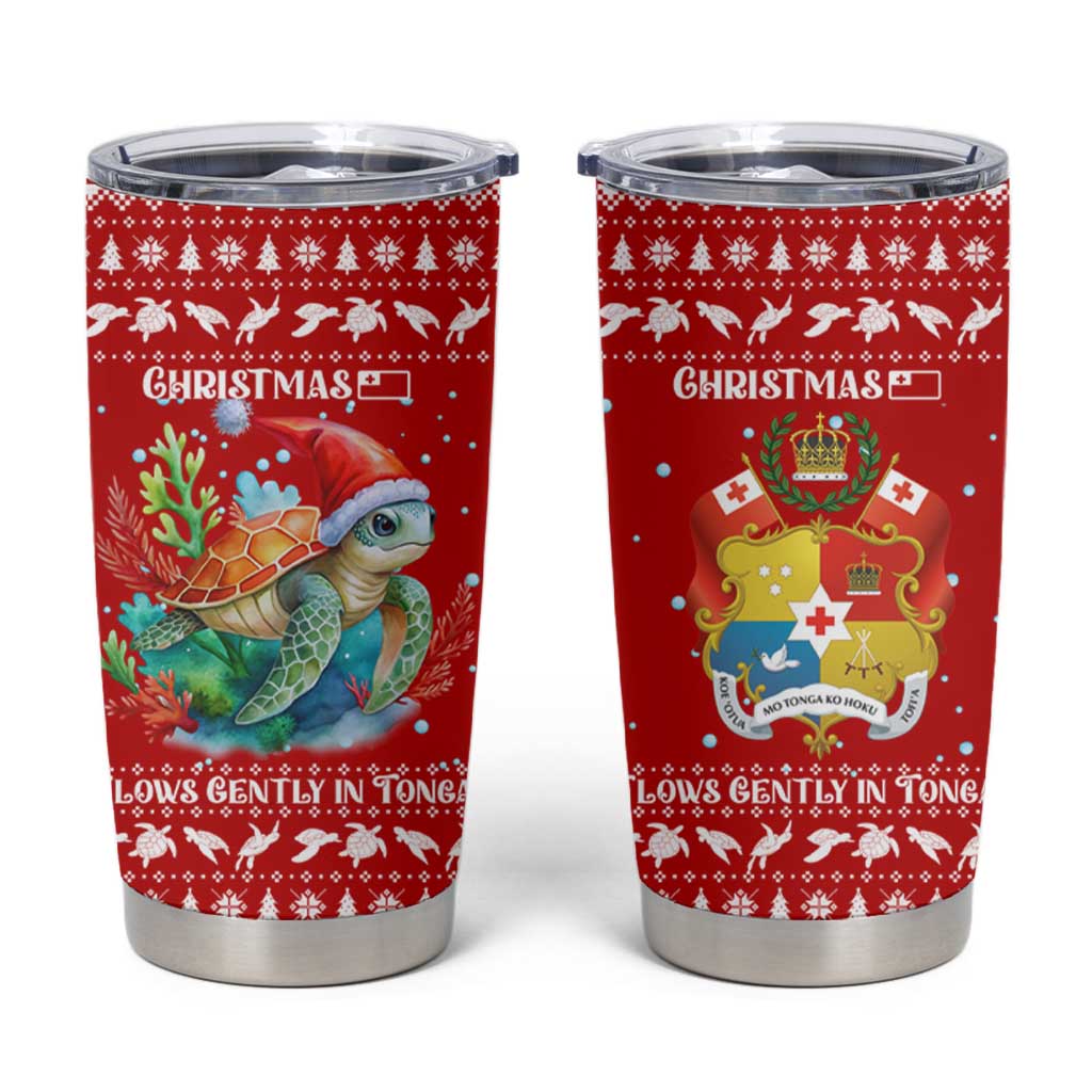 Tonga Christmas Tumbler Cup with Sea Turtle Coral Reef Design Snowflake Pattern and National Emblem - Polynesian Pride