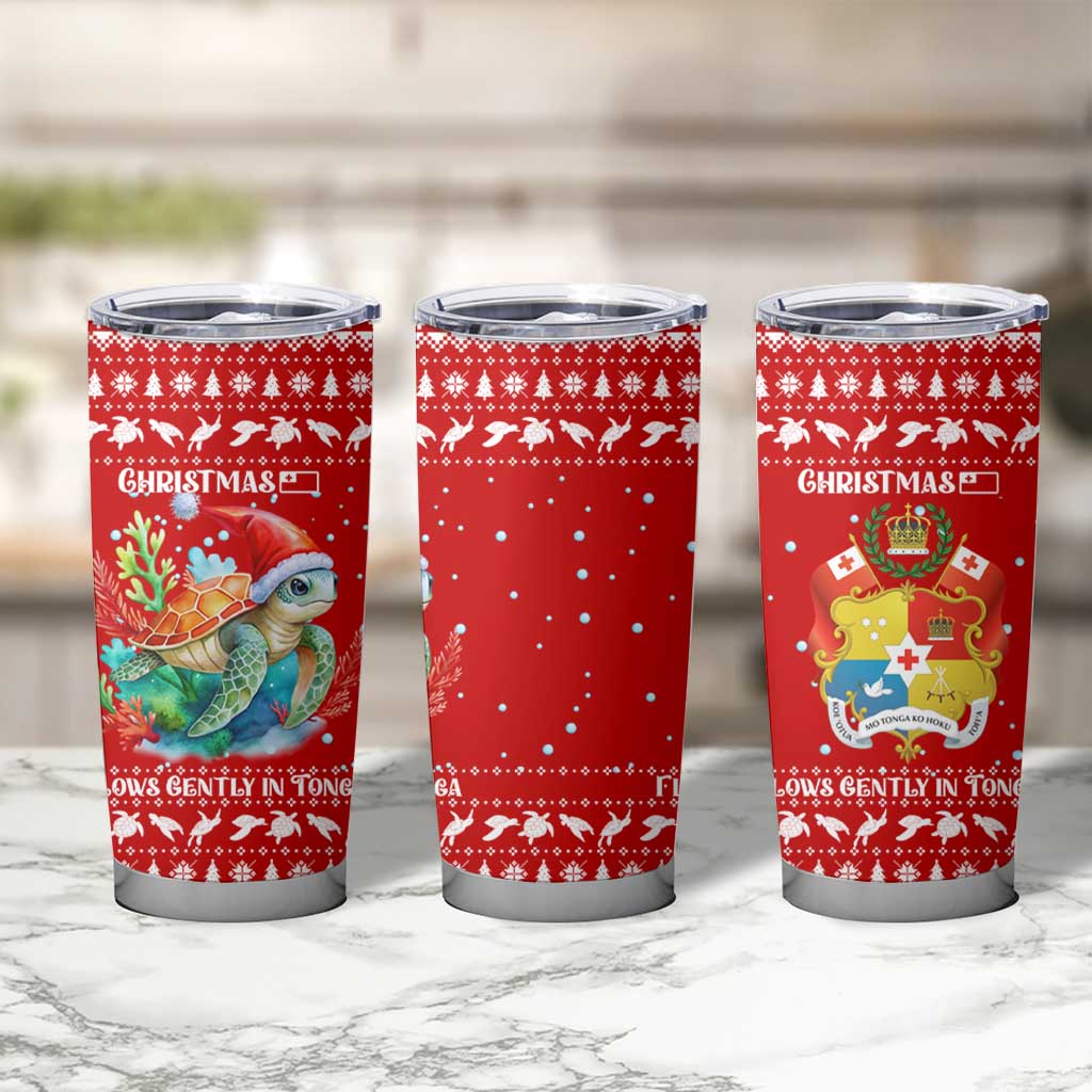 Tonga Christmas Tumbler Cup with Sea Turtle Coral Reef Design Snowflake Pattern and National Emblem - Polynesian Pride