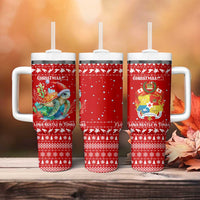 Tonga Christmas Tumbler With Handle with Sea Turtle Coral Reef Design Snowflake Pattern and National Emblem - Polynesian Pride