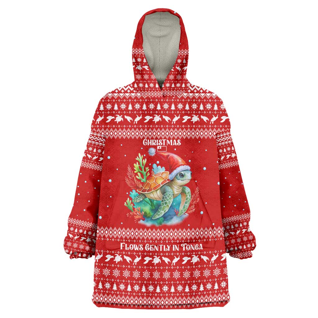 Tonga Christmas Wearable Blanket Hoodie with Sea Turtle Coral Reef Design Snowflake Pattern and National Emblem - Polynesian Pride