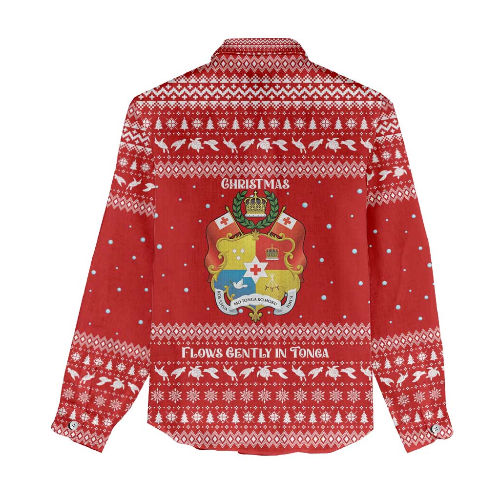 Tonga Christmas Women Casual Shirt with Sea Turtle Coral Reef Design Snowflake Pattern and National Emblem - Polynesian Pride