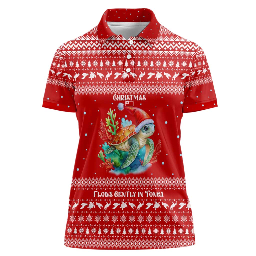 Tonga Christmas Women Polo Shirt with Sea Turtle Coral Reef Design Snowflake Pattern and National Emblem - Polynesian Pride