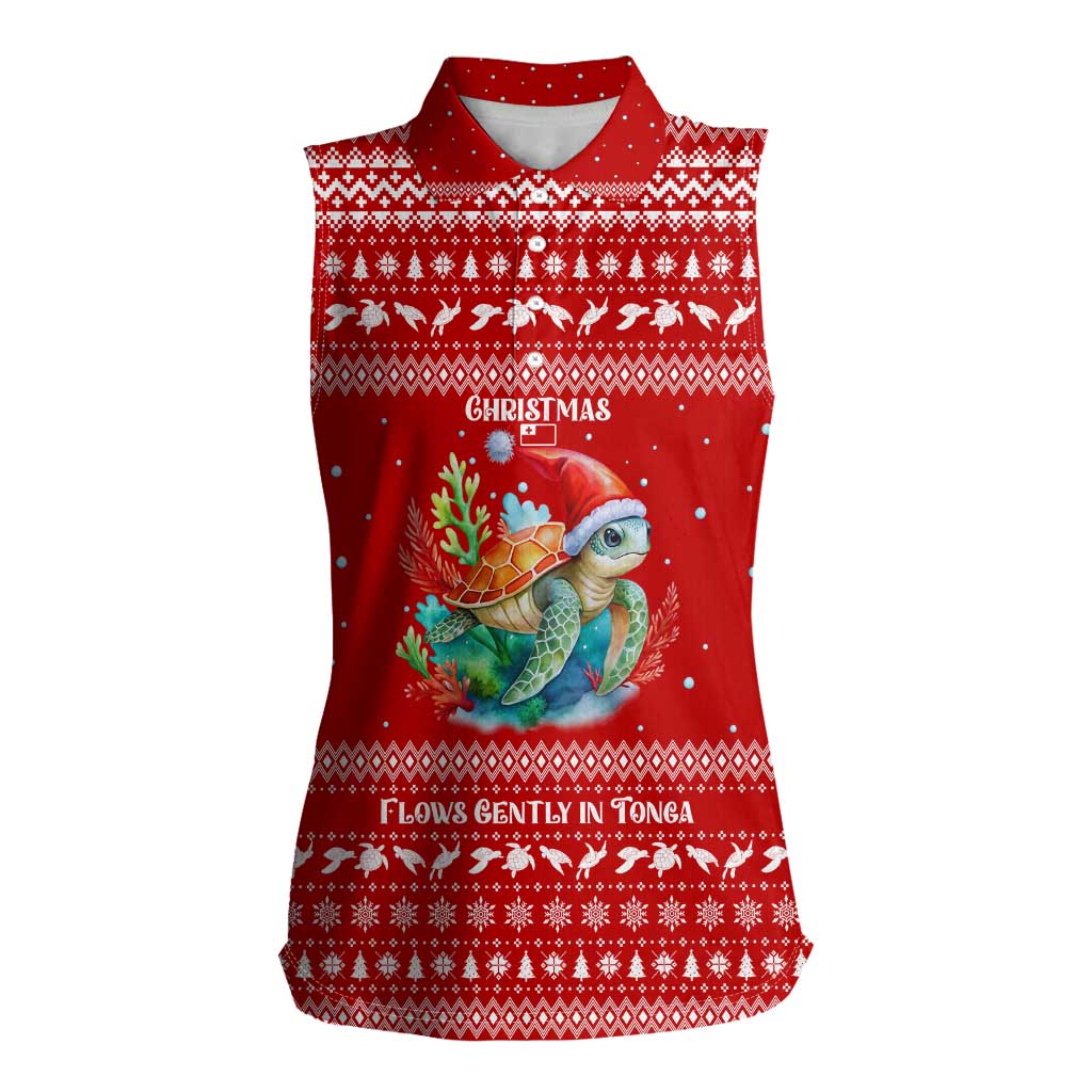 Tonga Christmas Women Sleeveless Polo Shirt with Sea Turtle Coral Reef Design Snowflake Pattern and National Emblem - Polynesian Pride