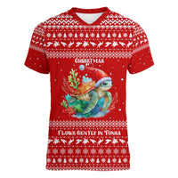Tonga Christmas Women V-Neck T-Shirt with Sea Turtle Coral Reef Design Snowflake Pattern and National Emblem - Polynesian Pride