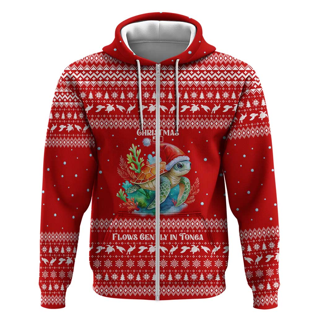 Tonga Christmas Zip Hoodie with Sea Turtle Coral Reef Design Snowflake Pattern and National Emblem - Polynesian Pride