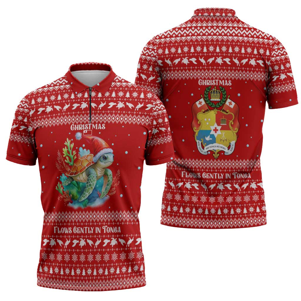 Tonga Christmas Zipper Polo Shirt with Sea Turtle Coral Reef Design Snowflake Pattern and National Emblem - Polynesian Pride