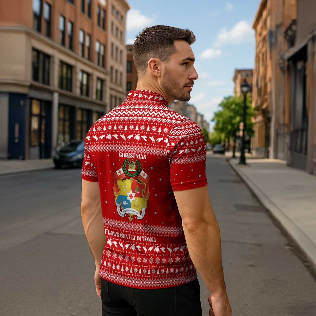 Tonga Christmas Zipper Polo Shirt with Sea Turtle Coral Reef Design Snowflake Pattern and National Emblem - Polynesian Pride