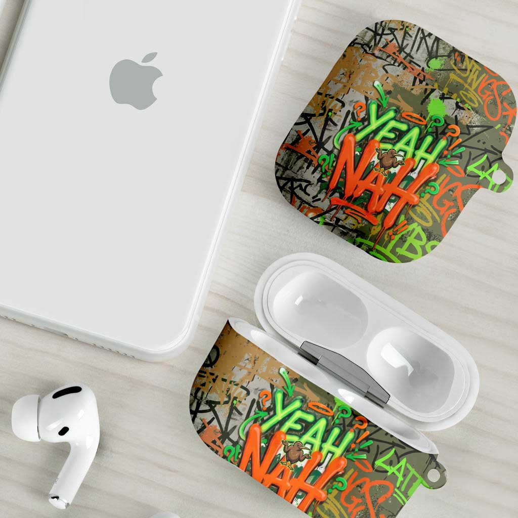 Yeah Nah Graffiti Skull New Zealand Slang AirPods Case Kiwi Grunge Brick Wall and Bold Urban Street Art
