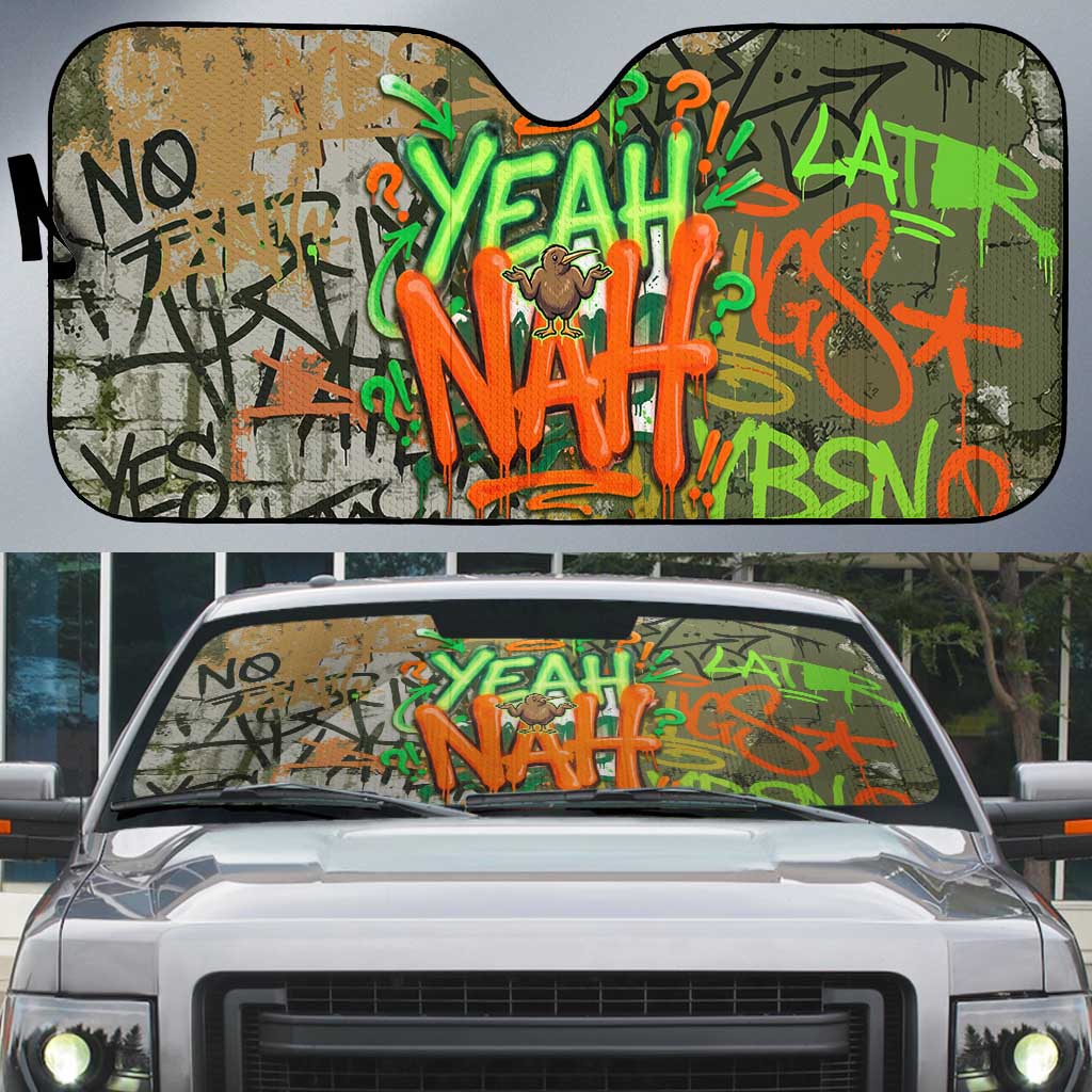 Yeah Nah Graffiti Skull New Zealand Slang Auto Sun Shade Kiwi Grunge Brick Wall and Bold Urban Street Art