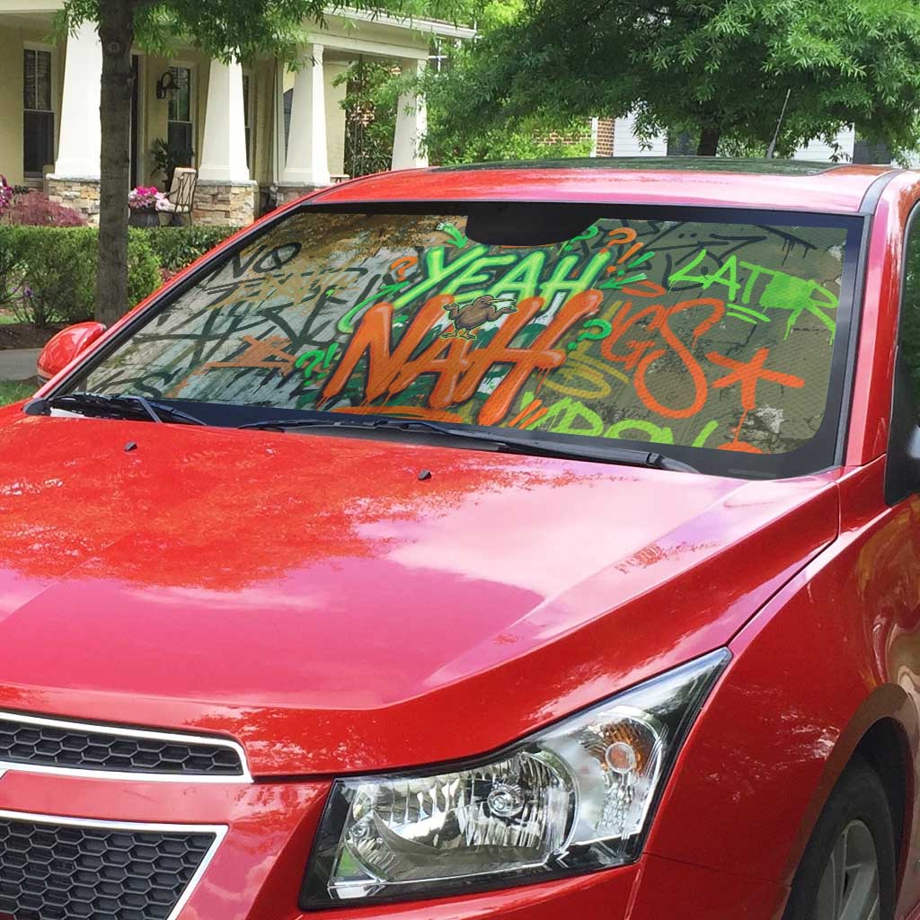 Yeah Nah Graffiti Skull New Zealand Slang Auto Sun Shade Kiwi Grunge Brick Wall and Bold Urban Street Art