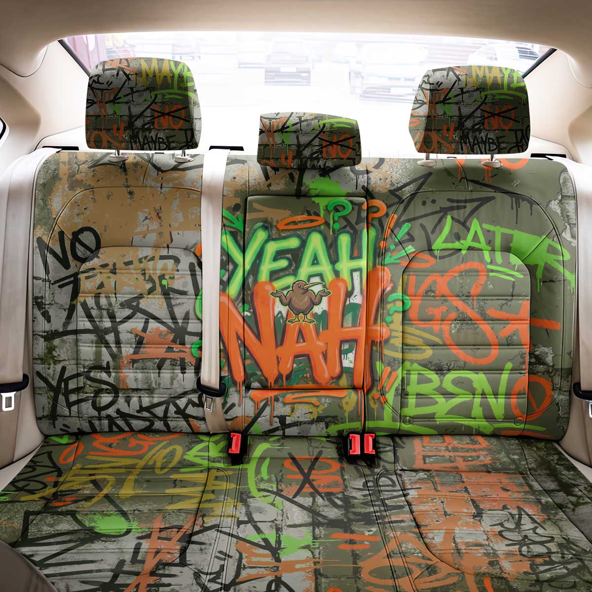 Yeah Nah Graffiti Skull New Zealand Slang Back Car Seat Cover Kiwi Grunge Brick Wall and Bold Urban Street Art