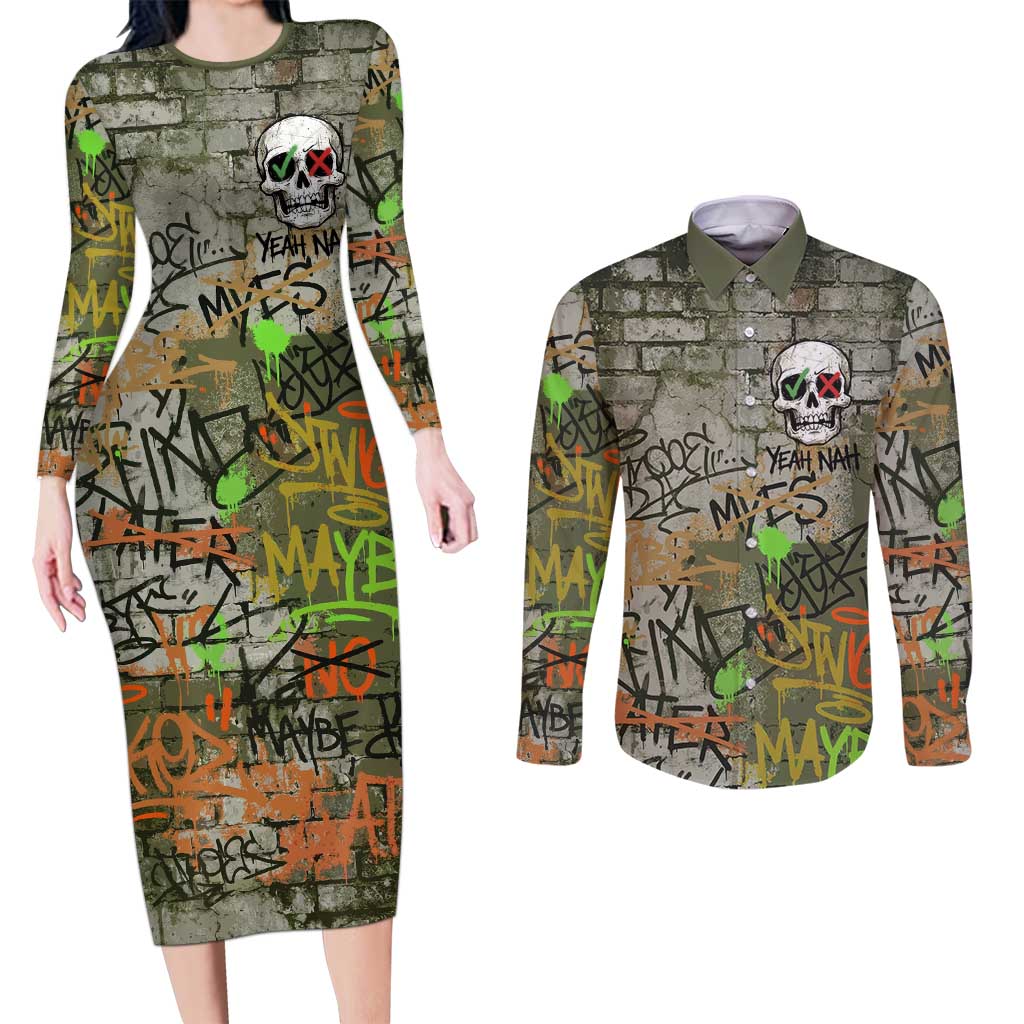 Yeah Nah Graffiti Skull New Zealand Slang Couples Matching Long Sleeve Bodycon Dress and Long Sleeve Button Shirt Kiwi Grunge Brick Wall and Bold Urban Street Art