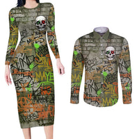 Yeah Nah Graffiti Skull New Zealand Slang Couples Matching Long Sleeve Bodycon Dress and Long Sleeve Button Shirt Kiwi Grunge Brick Wall and Bold Urban Street Art