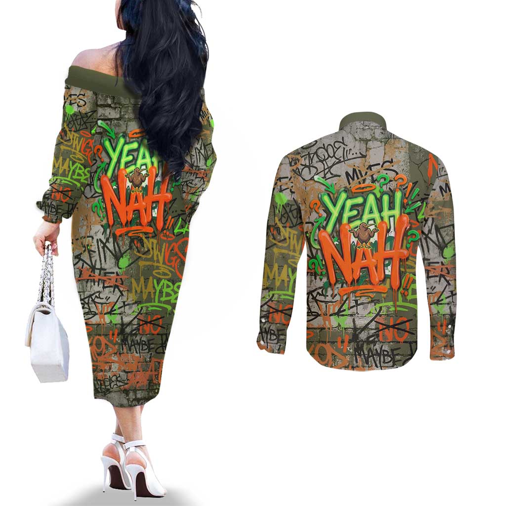 Yeah Nah Graffiti Skull New Zealand Slang Couples Matching Off The Shoulder Long Sleeve Dress and Long Sleeve Button Shirt Kiwi Grunge Brick Wall and Bold Urban Street Art